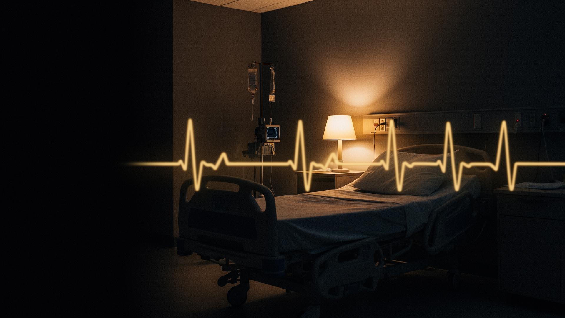 Softly lit hospital room with a glowing EKG heartbeat across the scene